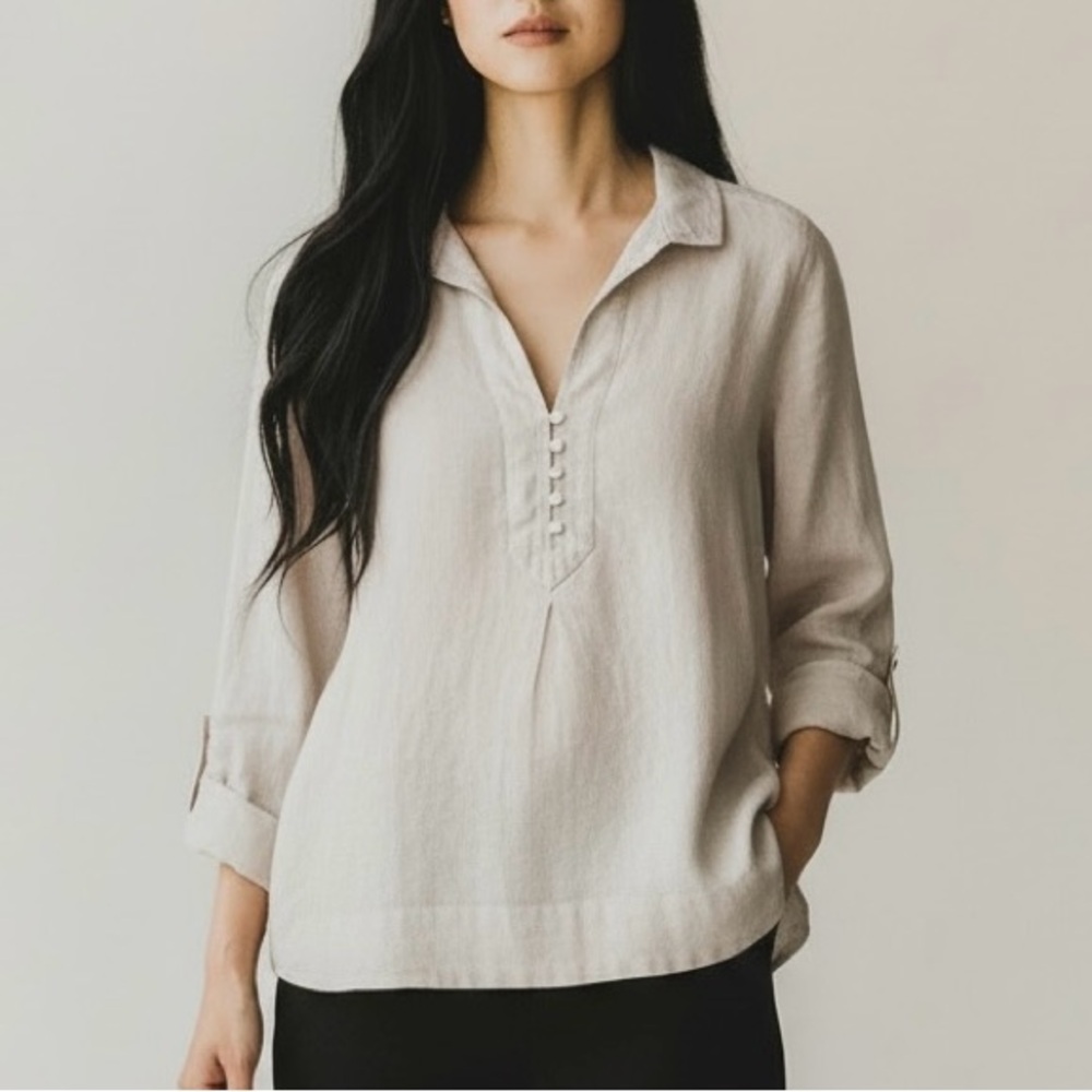 J. Jill Love Linen Tunic Blouse / Beige-Tan / Size Small